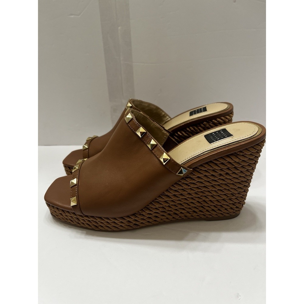 White House Black Market Tan Studded Espadrille Wedges SlipOn Braid Cord Heel 9